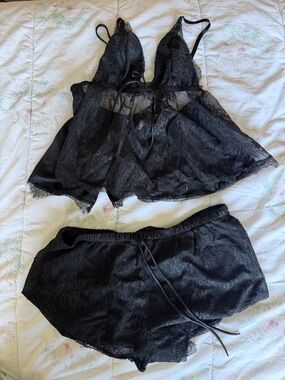 Victoria secret Black Lace Babydoll Camisole & Shorts Sleep Set